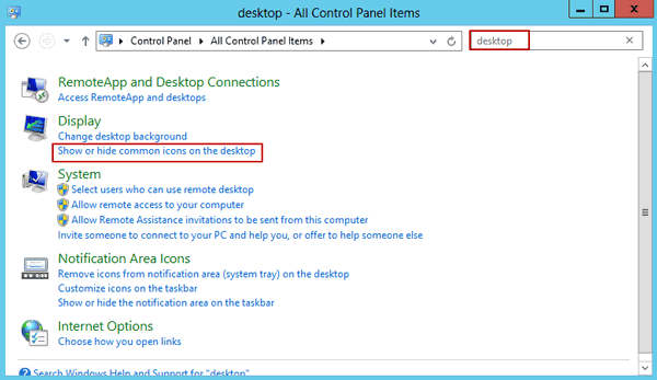 open windows server 2012 desktop icons settings