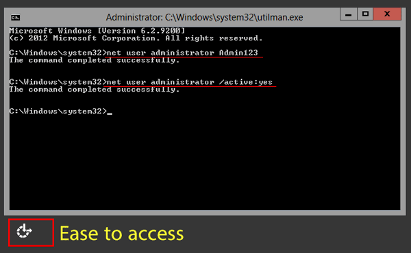 change windows server 2012 with utilman exe