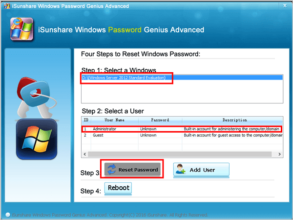 reset windows 2012 password with isunshare