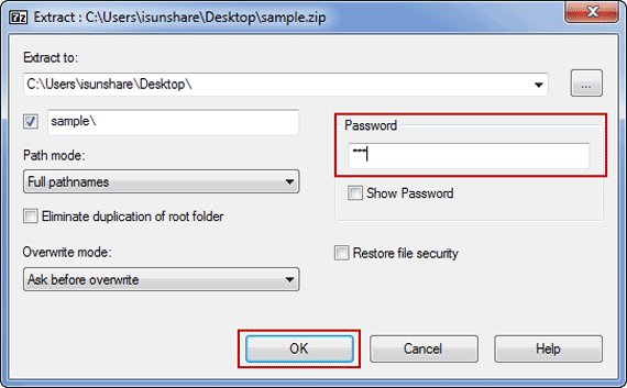 open password protected zip file in 7-zip