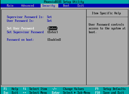 set user password in security menu