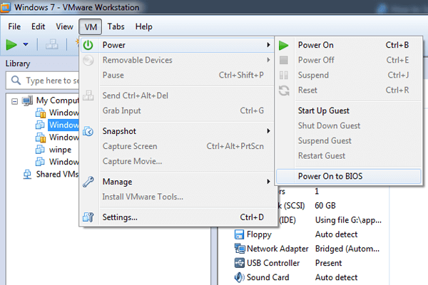 choose power on to bios in vm