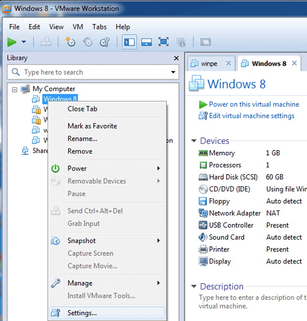 choose settings in vmware