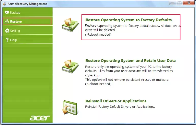 acer erecovery management