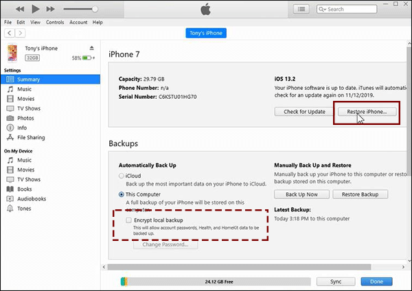 erase iPhone via iTunes on Windows computer