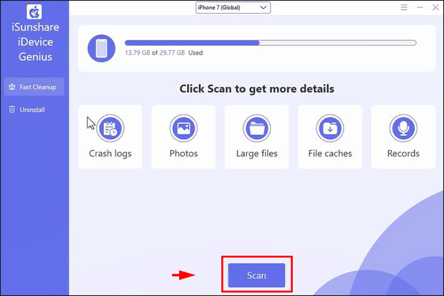 click Scan to scan junk file on iPhone