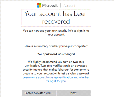 reset Microsoft account password successfully