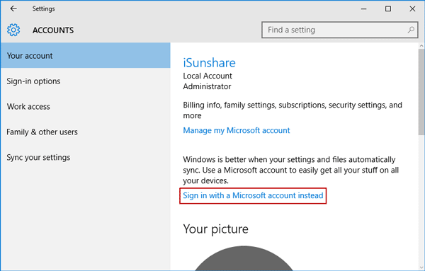 Sign in to Microsoft Account in Windows 10