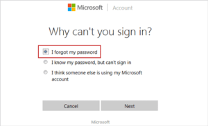 reset Microsoft account password with network