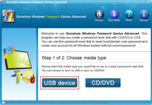 select USB device to burn Windows Password Genius Advanced