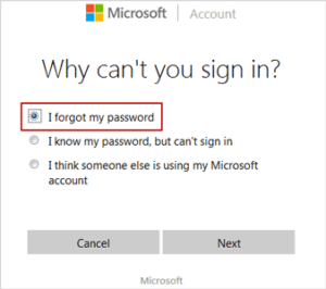 select reason on online Windows live id password reset webpage