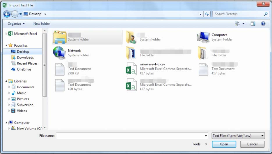 Text file. Microsoft file folder. Original files select. Import txt