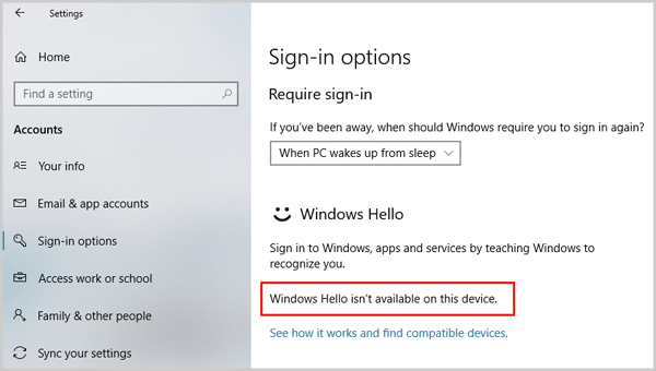 windows hello isnt available on this device