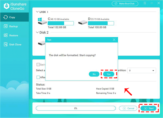 click Yes to start copy