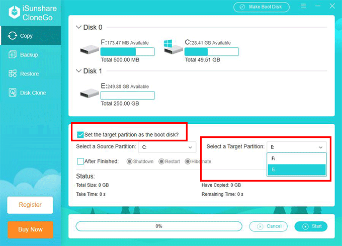 select external hard drive as target partition