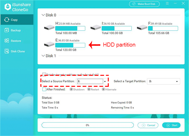 select the source partition from HDD