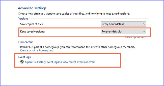 advanced setting of file history