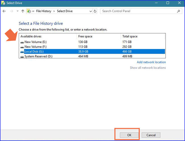 choose a hard drive to save the file backup