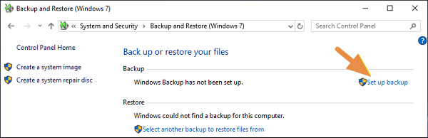 choose the Set up backup option