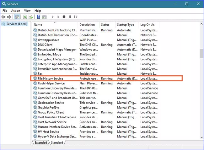 file history service set automatic