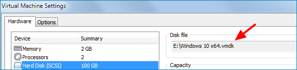 location of the VMware disk file