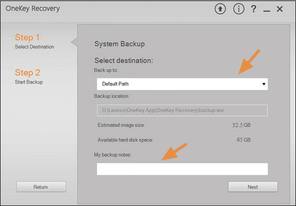 select the backup destination