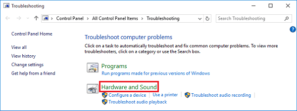 select the Hardware and Sound option