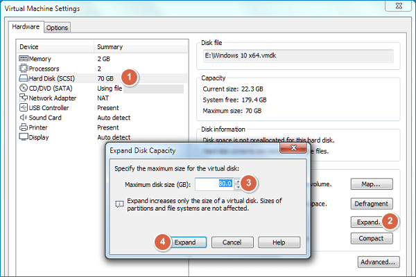 set maximum space for virtual disk