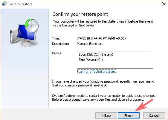 confirm the restore point