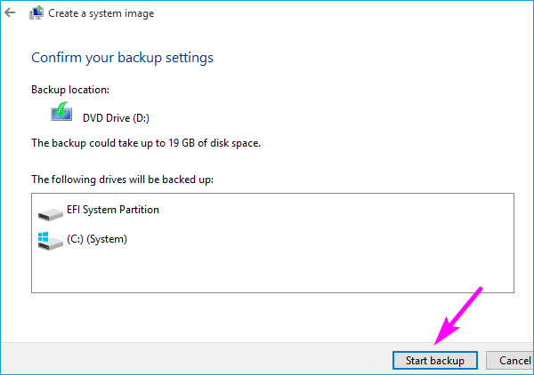 start backing up Windows 10