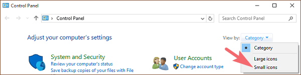 view the control panel by small icons