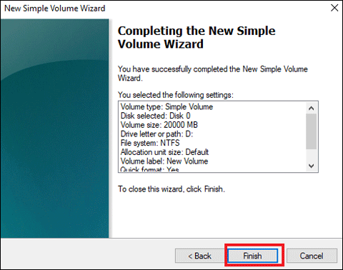 finish partitioning volume