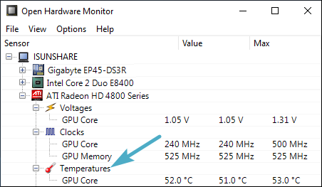 GPU temperature in tool