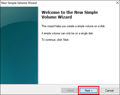 new simple volume wizard window