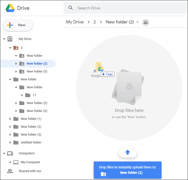 Drag and drop the files or folders to Google Drive