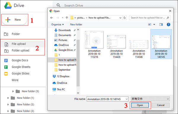 Use new button to upload files or folder