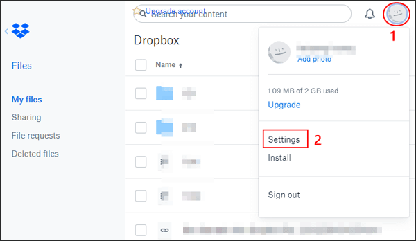 settings of dropbox on browser