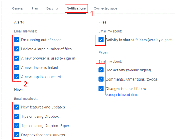 turn off dropbox email notification