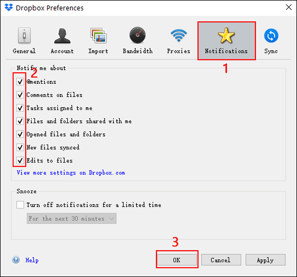 turn off dropbox notification by dropbox preferences