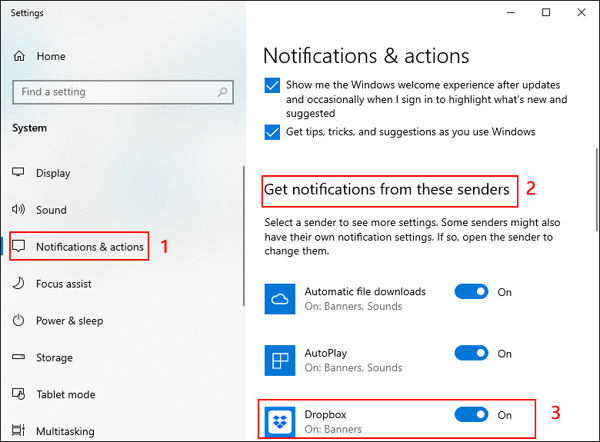 turn off dropbox notification by system settings
