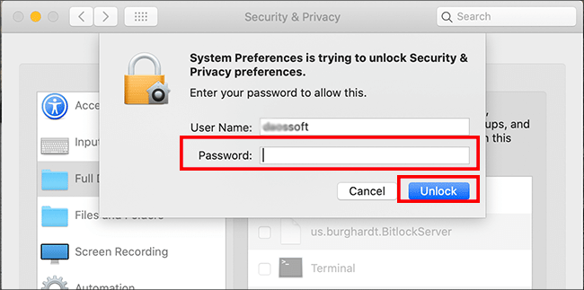 enter password to allow changes