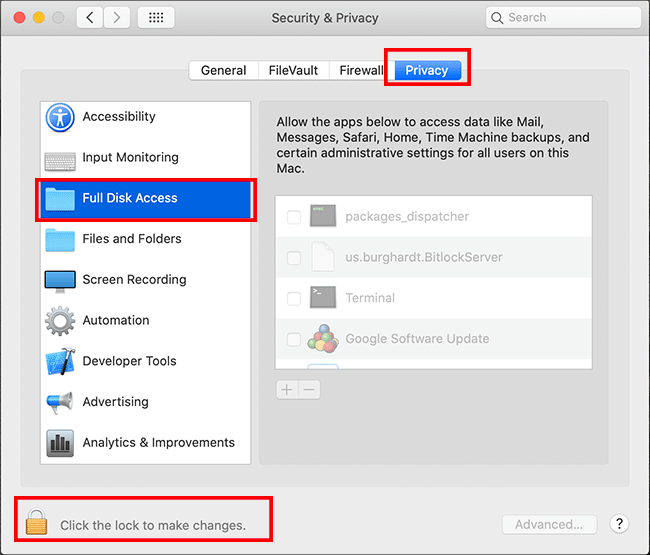 enable full disk access in macOS Catalina 