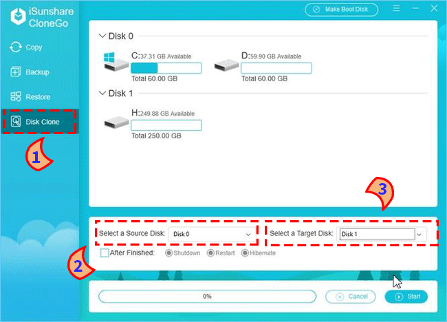 select source disk and target disk 