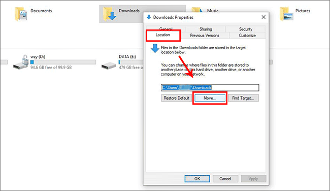 how to change download drive on windows 10