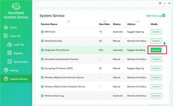 disable service via system genius