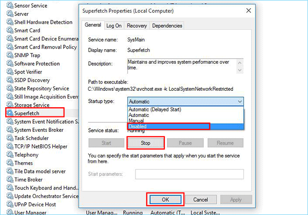 set Superfetch service startup type to disabled