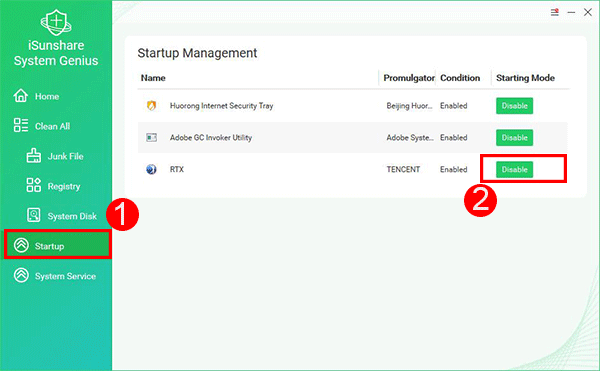 stop program from running in Windows 7 startup using iSunshare System Genius