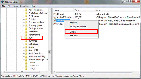 turn off auto startup program in Windows 7 via Registry Editor