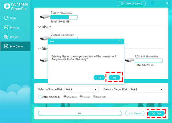 start whole disk cloning