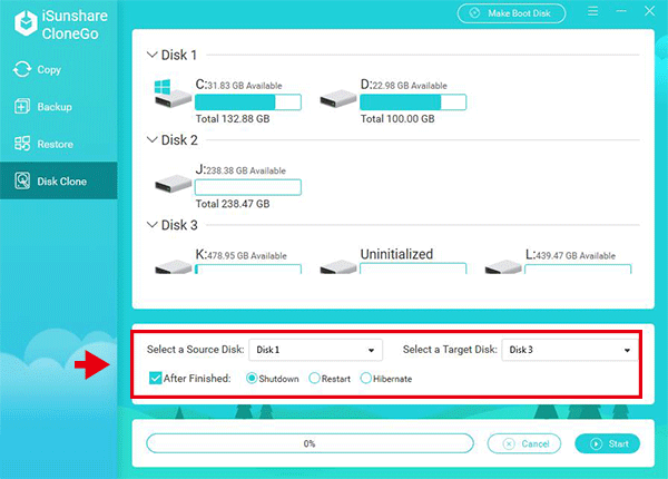 complete settings for disk clone